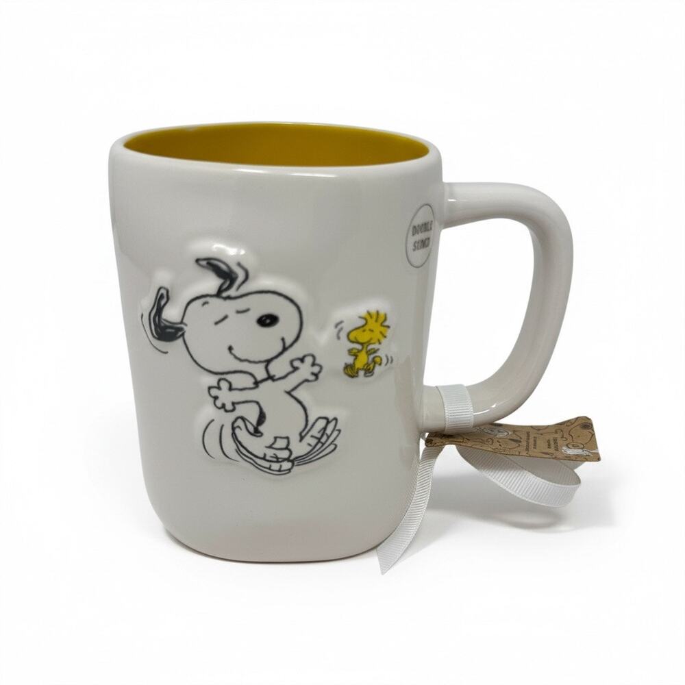 Rae Dunn Peanuts Snoopy Best Friend Coffee Mug Double Sided Yellow Interior NWT